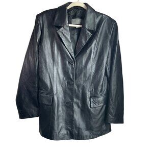 VTG Accent Women MediumBlack Leather Blazer Jacket Soft Minimalist Old Money